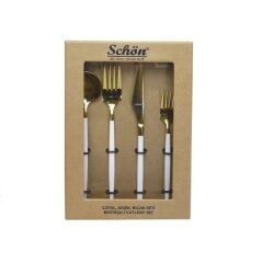Schön Main 6 Kişilik Çatal Kaşık Bıçak Seti Parlak Gold Beyaz 24 Parça