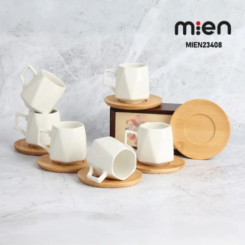 Mien Dayanıklı Bambu Tabaklı Köşeli Porselen Fincan Takımı 6 Kişilik -23408