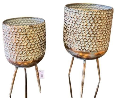 Metal Eskitme Vintage Dekoratif Ayaklı Saksı 2'li Set Gold 39-46 Cm