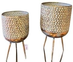 Metal Eskitme Vintage Dekoratif Ayaklı Saksı 2'li Set Gold 39-46 Cm