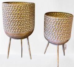 Metal Eskitme Vintage Dekoratif Ayaklı Saksı 2'li Set Gold 39-46 Cm