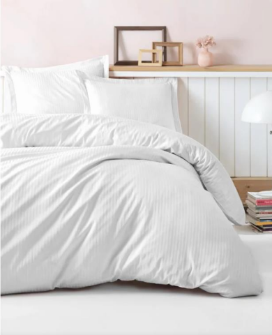 Elegant Stripe Çift Kişilik Beyaz Saten Nevresim Takımı