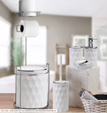 Kosova Diamond Krom/Beyaz Yuvarlak 6lı Banyo Takımı Oky-1740