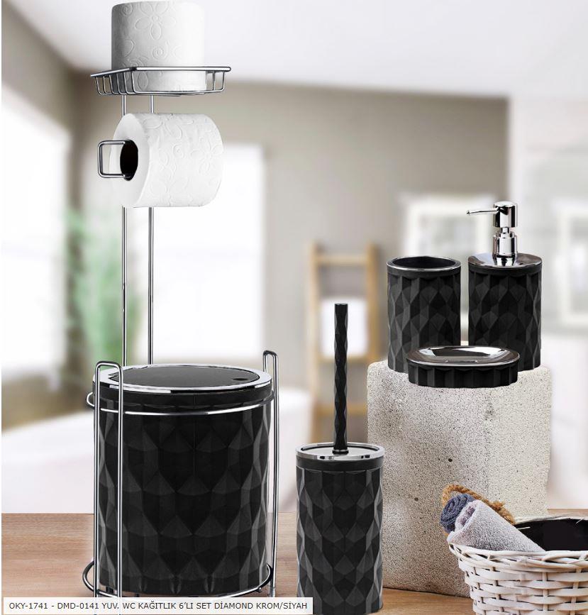 Kosova Diamond Krom/Siyah Yuvarlak 6'lı Banyo Takımı Oky-1741