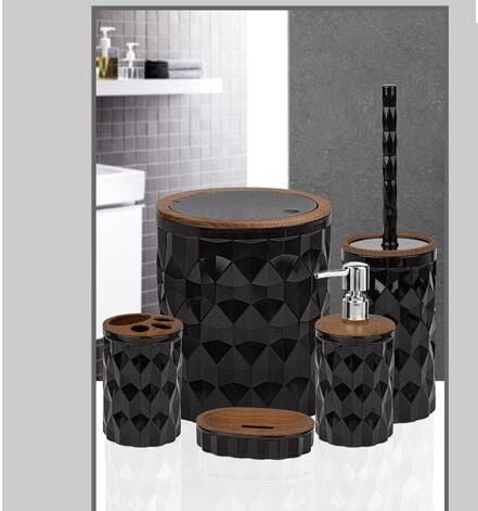 Banyo Seti 5'Li Kare Ahşap Desenli Siyah Plastik OKY-1308 DMD-11