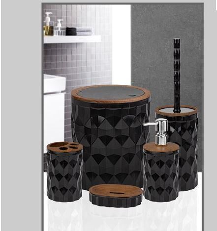 Banyo Seti 5'Li Kare Ahşap Desenli Siyah Plastik OKY-1308 DMD-11