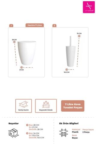 Prima Nova Pure 2'li Banyo Seti Çöp Kovası Tuvalet Fırçası Beyaz