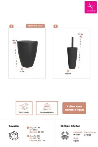 Prima Nova Pure 2'li Banyo Seti Çöp Kovası Tuvalet Fırçası Siyah