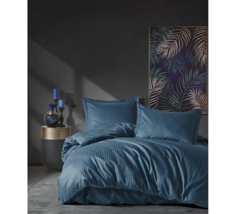 Cotton Box Elegant Stripe Saten Çift Kişilik Nevresim Takımı Mavi