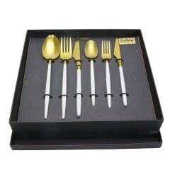 Schön Dein 6 Kişilik Çatal Kaşık Bıçak Seti Mat Gold Beyaz 36 Parça