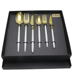 Schön Dein 6 Kişilik Çatal Kaşık Bıçak Seti Gold Beyaz 36 Parça