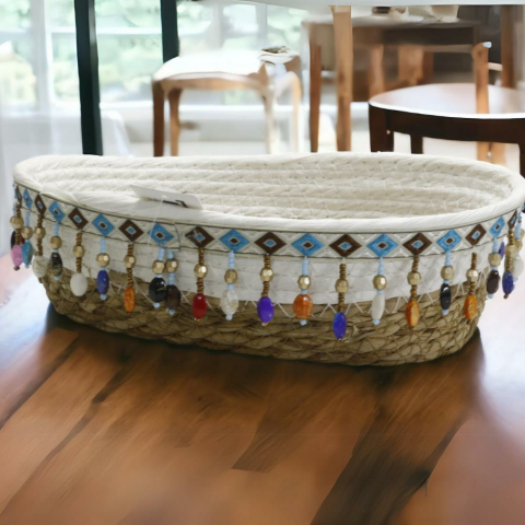 T.Concept Dekoratif Kullanışlı Boncuk İşlemeli Hasır Sepet 20 x 26 cm