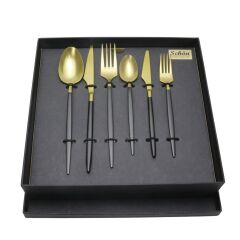Schön Dein 6 Kişilik Çatal Kaşık Bıçak Seti Mat Gold Siyah 36 Parça