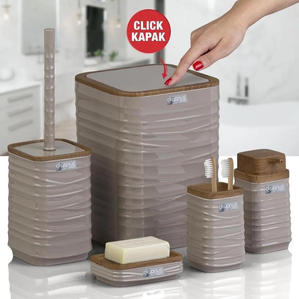 Okyanus Home  Luna Vizon Ahşap Desenli Kare 5'li Banyo Seti
