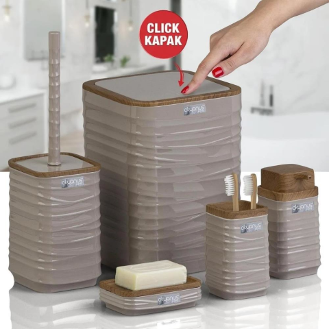 Okyanus Home  Luna Vizon Ahşap Desenli Kare 5'li Banyo Seti