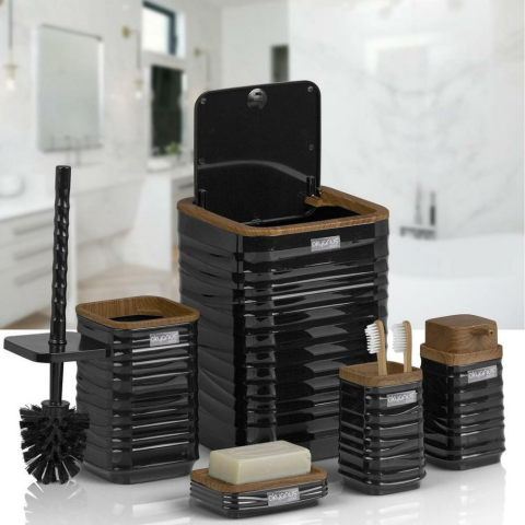 Okyanus Home  Luna Siyah Ahşap Desenli Kare 5'li Banyo Seti