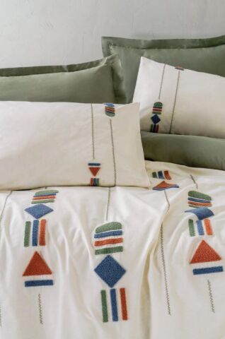 Cotton Box Puff Nakışlı Çift Kişilik Ranforce Nevresim Takımı Verdara Haki