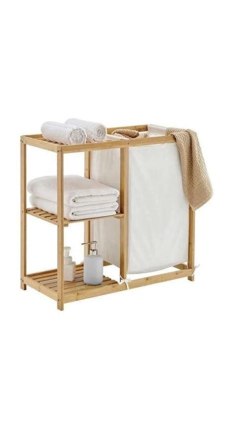 MİEN JW-22750 Bambu 3 Raflı Kumaş Sepetli Banyo Düzenleyici Kirli Çamaşır Sepeti DB-0046