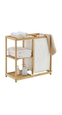 MİEN JW-22750 Bambu 3 Raflı Kumaş Sepetli Banyo Düzenleyici Kirli Çamaşır Sepeti DB-0046