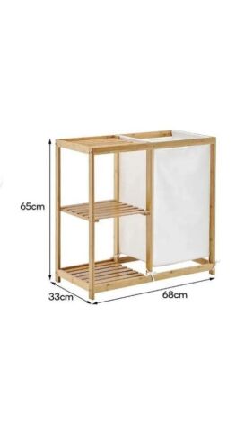 MİEN JW-22750 Bambu 3 Raflı Kumaş Sepetli Banyo Düzenleyici Kirli Çamaşır Sepeti DB-0046