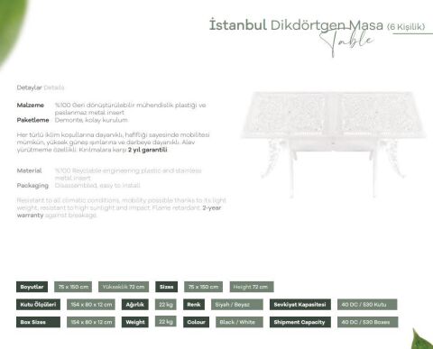 IVF - İstanbul Dikdörtgen Masa 75*150 cm 6 Kişilik Beyaz