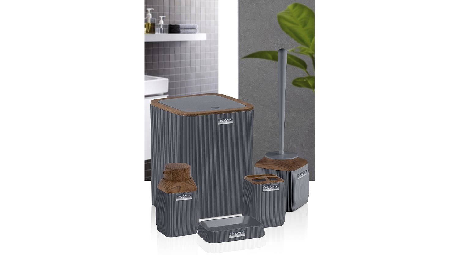 Banyo Seti 5'Li Kare Ahşap Desenli Siyah Plastik