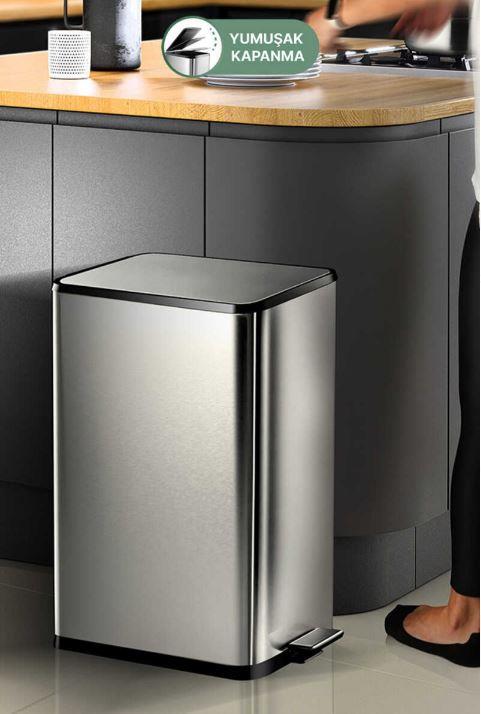 Dikdörtgen Çelik Çöp Kovası 40 Litre - Inox M-E92-30-06