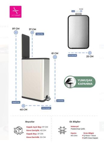 Dikdörtgen Çelik Çöp Kovası 40 Litre - Inox M-E92-30-06