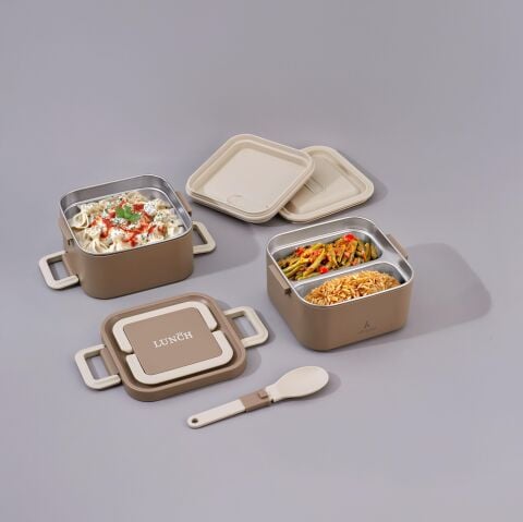 Aryıldız Bento Kare 2 Katlı Lunch Box Yemek Termosu Kahverengi 1400 ml