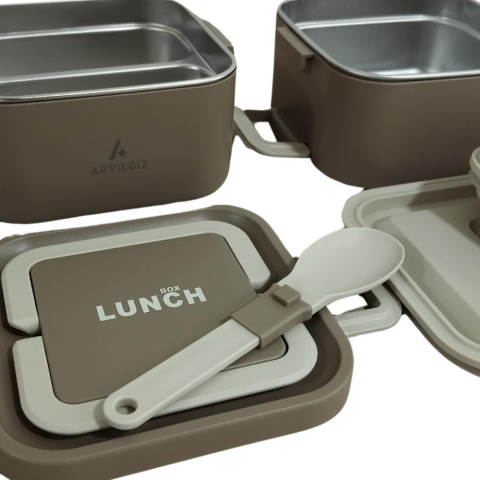 Aryıldız Bento Kare 2 Katlı Lunch Box Yemek Termosu Kahverengi 1400 ml