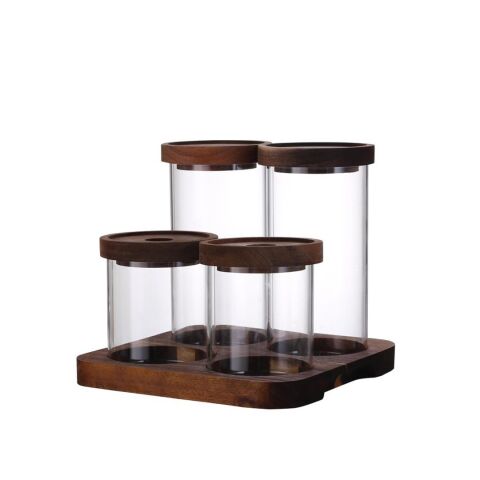 Mien 4’lü Akasya Cam Kavanoz Baharatlık Seti 1325