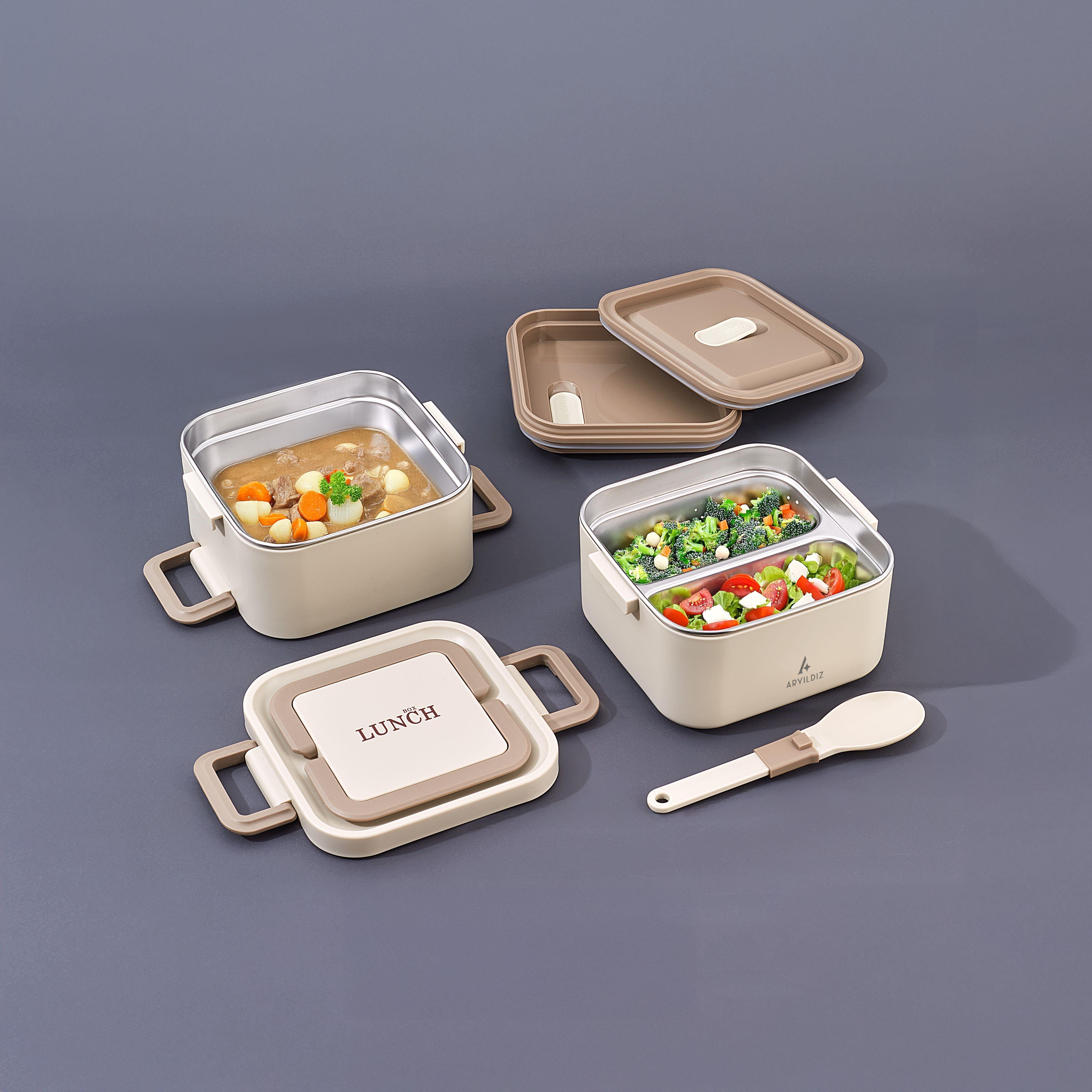 Aryıldız Bento Kare 2 Katlı Lunch Box Yemek Termosu Bej 1400 ml
