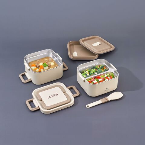Aryıldız Bento Kare 2 Katlı Lunch Box Yemek Termosu Bej 1400 ml