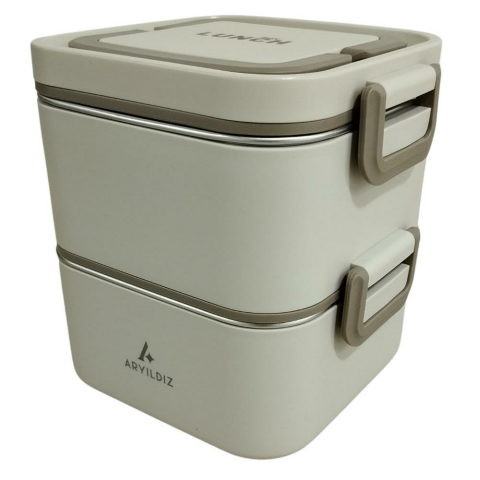Aryıldız Bento Kare 2 Katlı Lunch Box Yemek Termosu Bej 1400 ml
