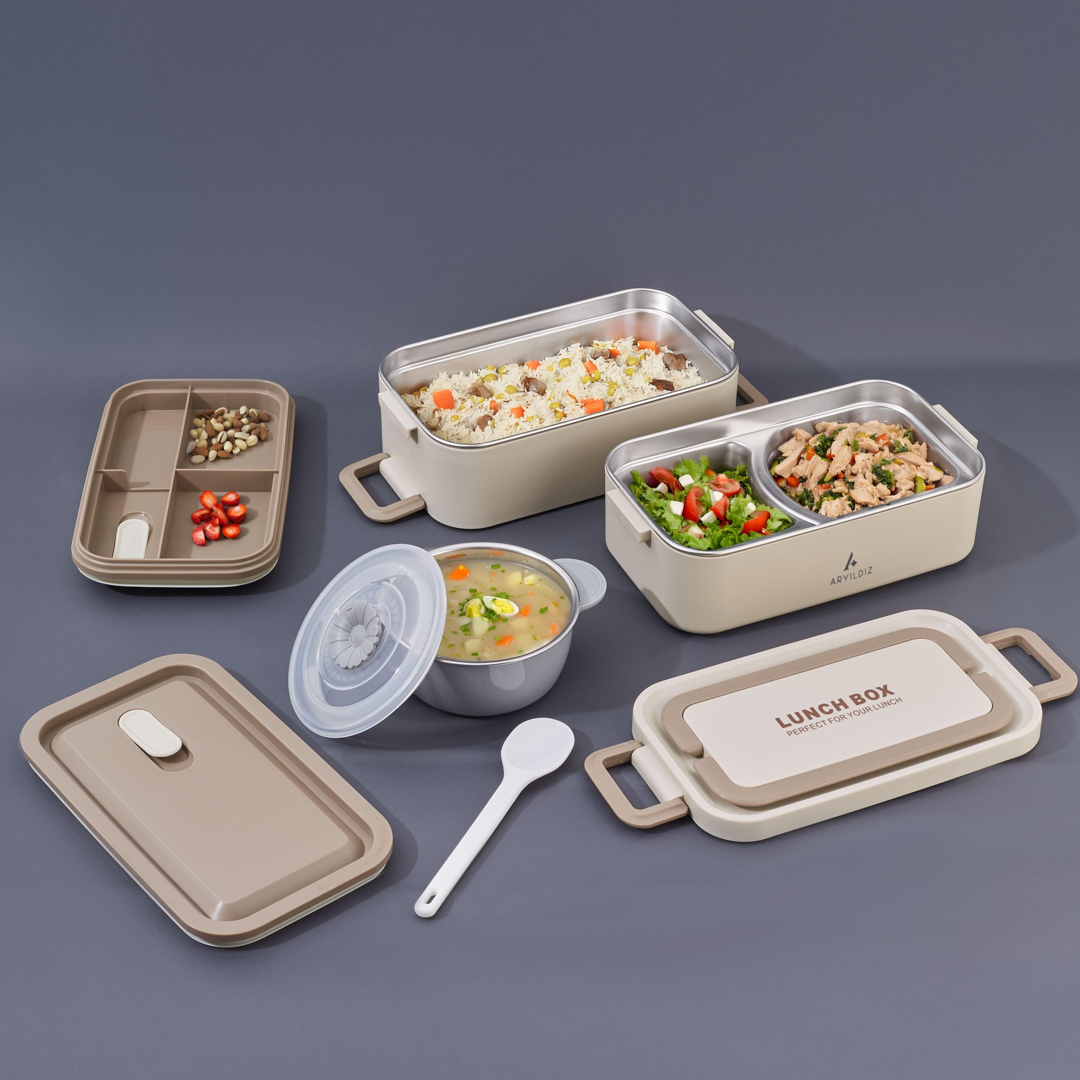 Aryıldız Bento Dikdörtgen 2 Katlı Lunch Box Yemek Termosu Bej 2000 ml