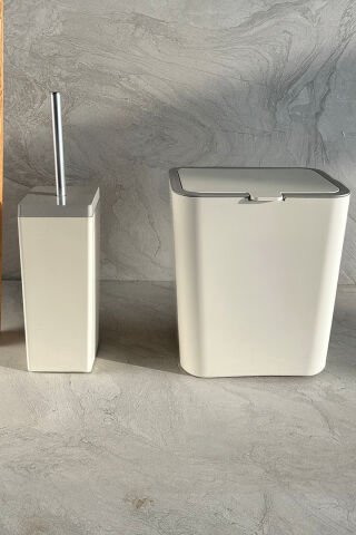 Primanova Flip 2'li Banyo Seti Çöp Kovası Tuvalet Fırçası Bej