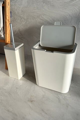 Primanova Flip 2'li Banyo Seti Çöp Kovası Tuvalet Fırçası Bej