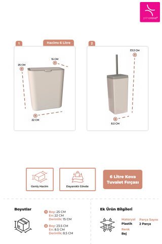 Primanova Flip 2'li Banyo Seti Çöp Kovası Tuvalet Fırçası Bej