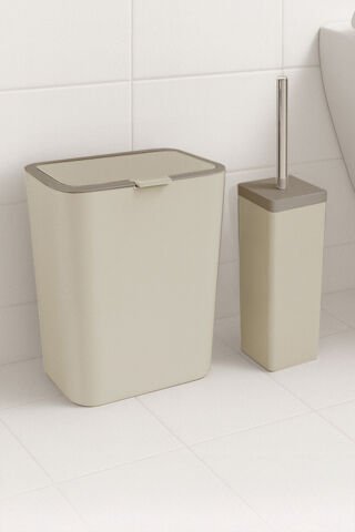 Primanova Flip 2'li Banyo Seti Çöp Kovası Tuvalet Fırçası Bej