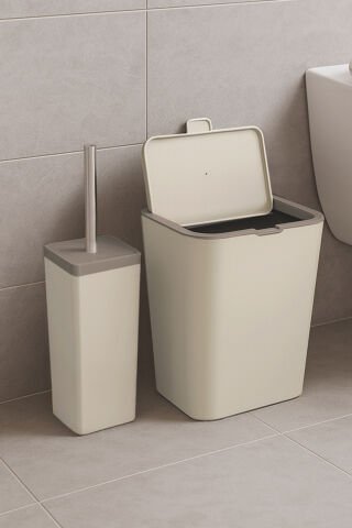 Primanova Flip 2'li Banyo Seti Çöp Kovası Tuvalet Fırçası Bej