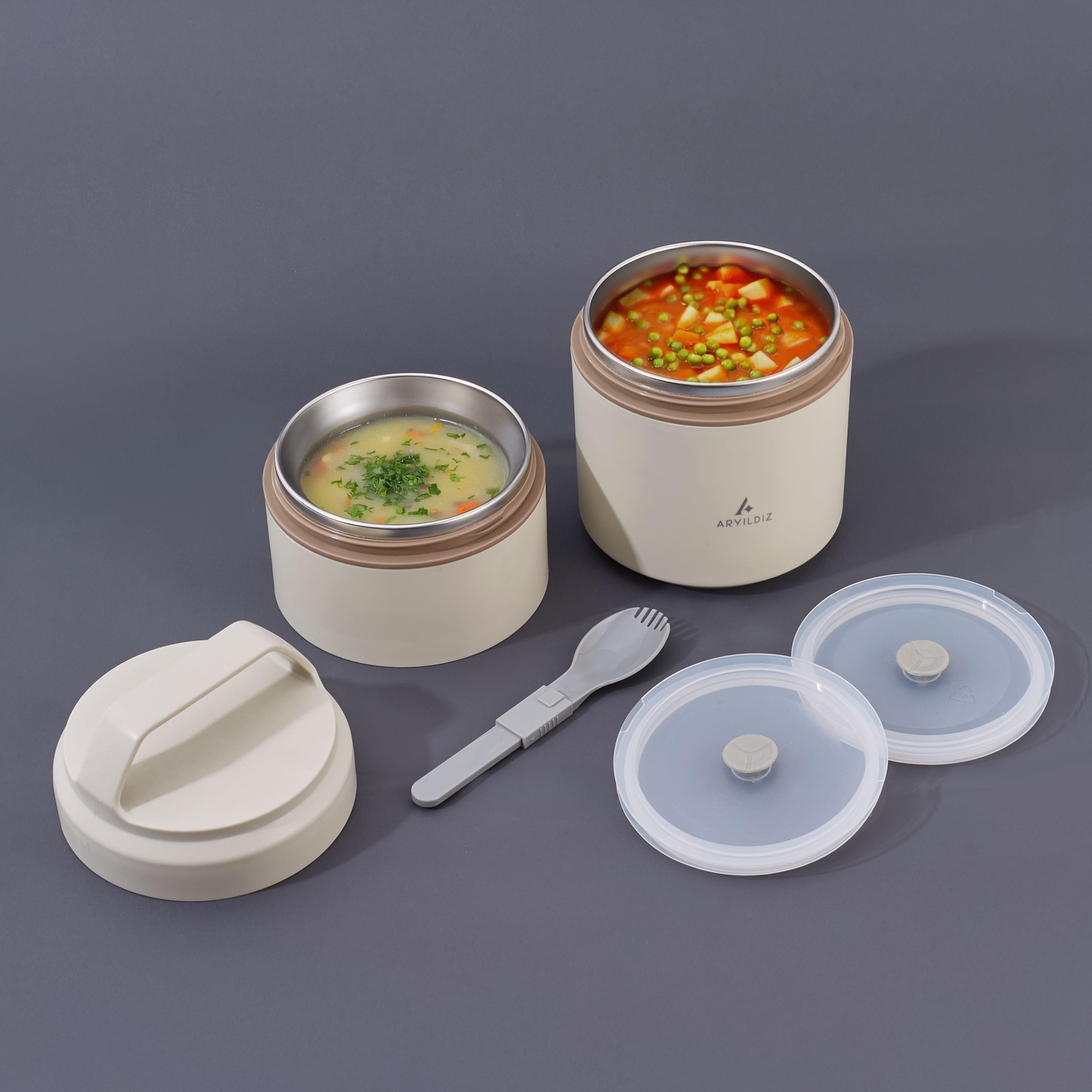 Aryıldız Bento Yuvarlak 2 Katlı Lunch Box Yemek Termosu Bej 1200 ml