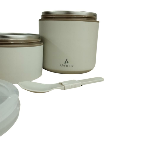 Aryıldız Bento Yuvarlak 2 Katlı Lunch Box Yemek Termosu Bej 1200 ml