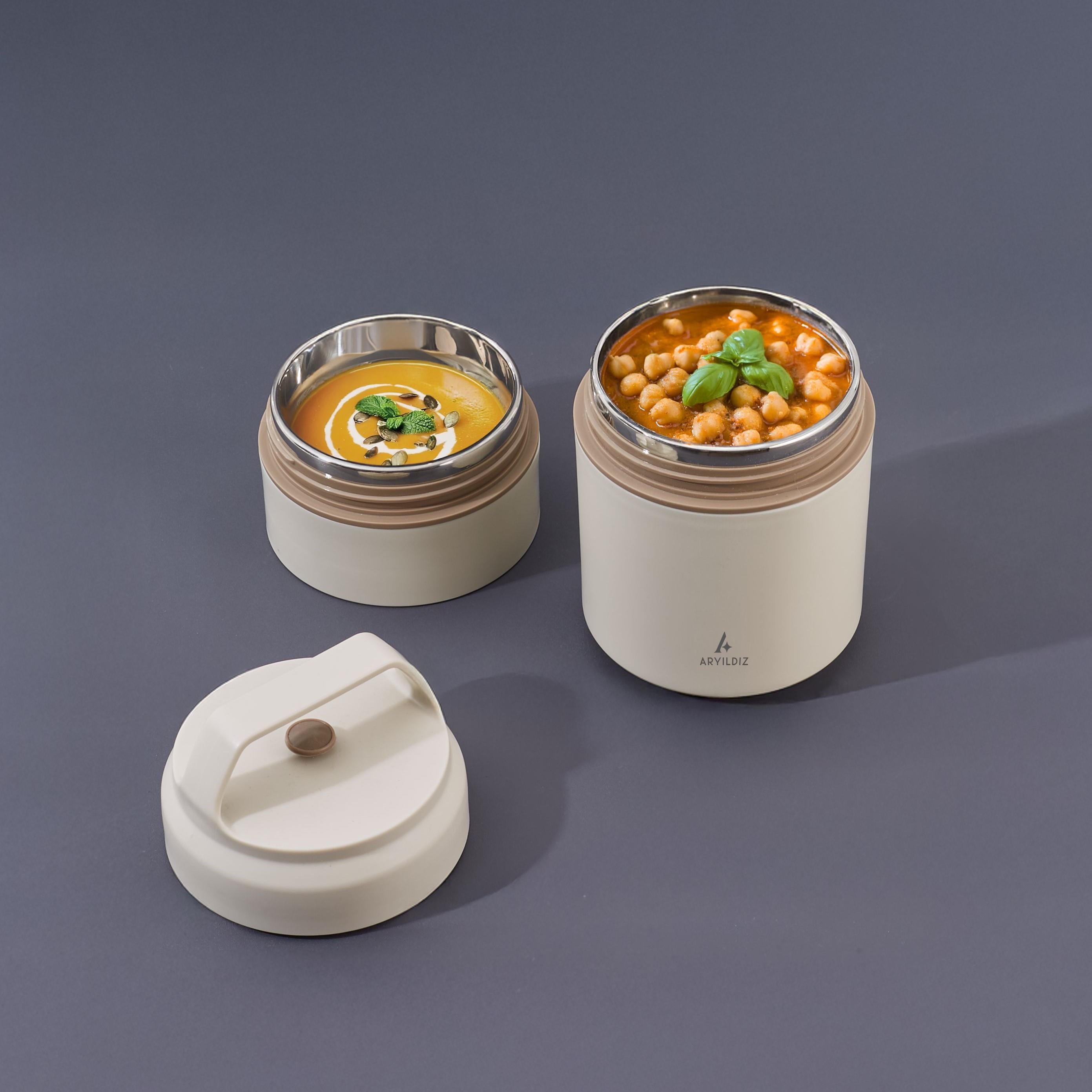 Aryıldız Bento Yuvarlak 2 Katlı Lunch Box Yemek Termosu Bej 620 ml
